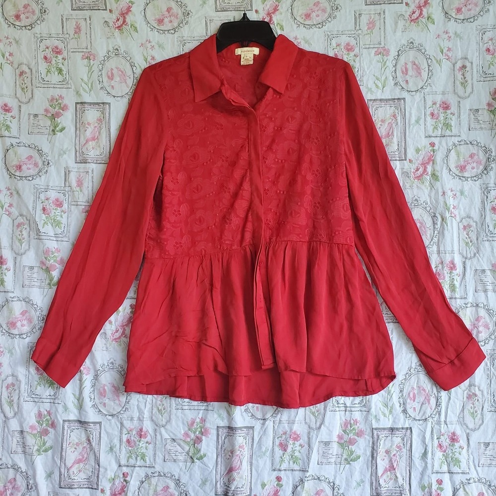 Sundance Womens Red Floral Button Up Peplum Blouse Shirt Small